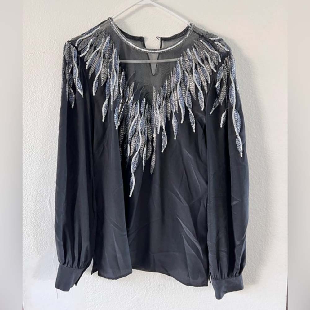 Vintage 80’s Argenti 100% Pure Silk Black Sequin &  Beads Black & Silver Blouse